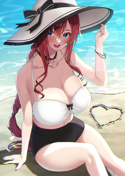 Anime picture 3035x4299 with original takocha single long hair tall image blush fringe highres breasts open mouth blue eyes light erotic smile hair between eyes large breasts sitting payot looking away absurdres cleavage