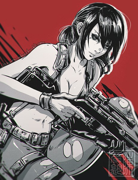 Anime picture 787x1024 with metal gear metal gear solid metal gear solid v: the phantom pain konami quiet (metal gear) koyoriin single long hair tall image looking at viewer light erotic black hair sitting bare shoulders holding signed bent knee (knees) ponytail bare belly torn clothes