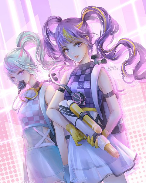 Anime picture 721x900 with miracle nikki a.tong long hair tall image looking at viewer fringe twintails purple eyes multiple girls signed purple hair ponytail blunt bangs multicolored hair aqua hair two-tone hair streaked hair checkered goggles around neck girl