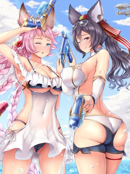 Anime picture 960x1280 with granblue fantasy ilsa (granblue fantasy) tien (granblue fantasy) melopun long hair tall image looking at viewer blush fringe breasts open mouth blue eyes light erotic black hair smile hair between eyes red eyes large breasts standing bare shoulders