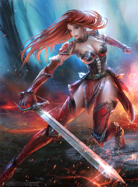 Anime picture 814x1100 with original demonlord single long hair tall image looking at viewer breasts open mouth light erotic large breasts holding red hair aqua eyes lips realistic fur trim thighs floating hair watermark fighting stance
