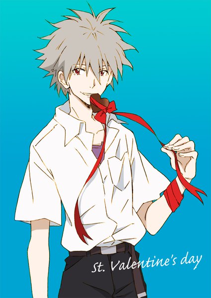 Anime picture 700x988 with neon genesis evangelion gainax nagisa kaworu mameko single tall image looking at viewer fringe short hair simple background smile hair between eyes red eyes standing holding grey hair text mouth hold blue background english