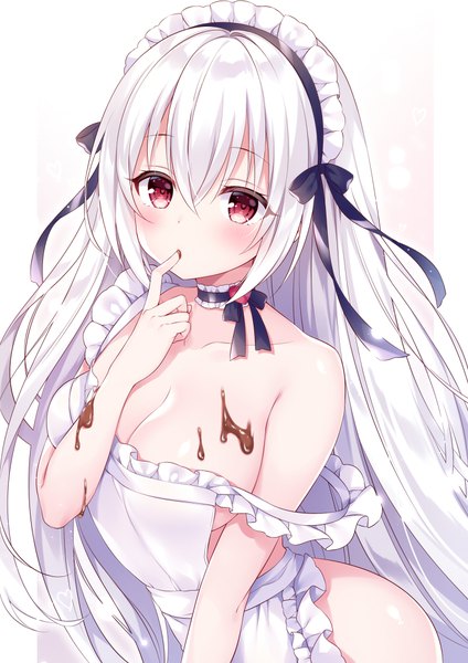 Anime picture 707x1000 with original mitsuba choco single long hair tall image looking at viewer blush fringe breasts light erotic simple background hair between eyes red eyes large breasts standing white background payot cleavage white hair symbol-shaped pupils