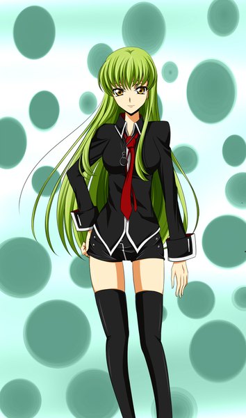 Anime picture 1300x2200 with code geass sunrise (studio) c.c. ccllsaikou single long hair tall image fringe yellow eyes green hair hand on hip girl thighhighs black thighhighs