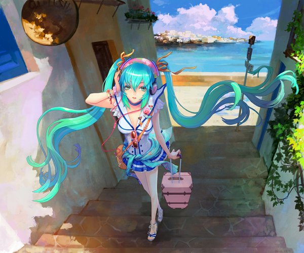 Anime picture 1080x900 with vocaloid hatsune miku teddy yang single long hair twintails aqua eyes aqua hair girl skirt plant (plants) miniskirt bracelet headphones stairs wire (wires) suitcase