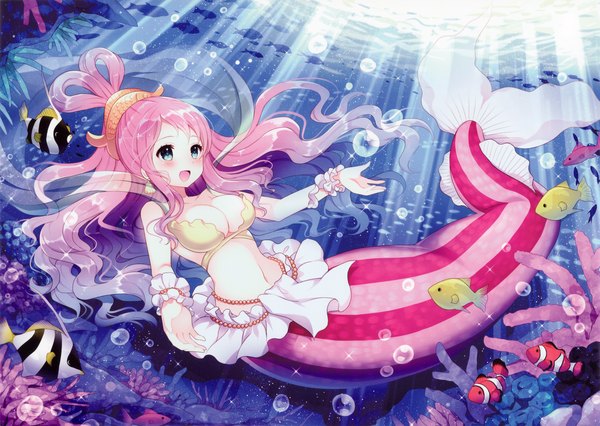 Anime picture 3960x2812 with one piece toei animation shirahoshi wasabi (sekai) single long hair blush highres breasts open mouth blue eyes pink hair absurdres sunlight looking up spread arms underwater girl hair ornament animal