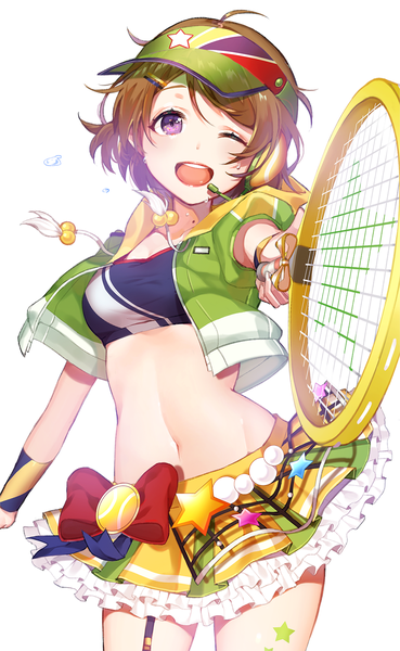 Anime picture 1000x1623 with love live! school idol project love live! school idol festival sunrise (studio) love live! koizumi hanayo norukinoko (reee52) single tall image looking at viewer short hair open mouth simple background brown hair white background purple eyes ahoge one eye closed wink open jacket midriff