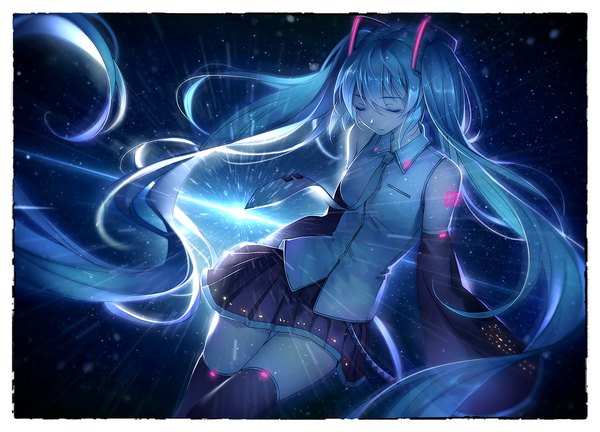 Anime picture 1600x1153 with vocaloid hatsune miku tidsean single twintails bare shoulders blue hair eyes closed very long hair girl thighhighs skirt hair ornament black thighhighs detached sleeves miniskirt necktie