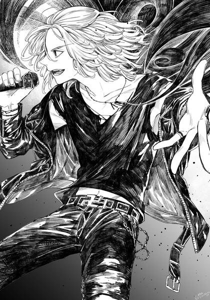 Anime picture 3500x5000 with tokyo revengers sano manjirou pizza oisii6 single tall image highres short hair open mouth looking away absurdres profile fingernails open jacket outstretched arm monochrome boy jacket belt microphone