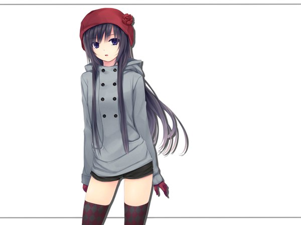 Anime picture 1920x1440 with original shiramine rika coffee-kizoku single long hair looking at viewer highres black hair simple background white background purple eyes girl thighhighs gloves flower (flowers) jacket shorts beret buttons