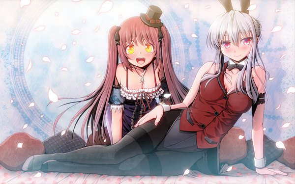 Anime picture 1920x1200 with schneider117 long hair blush highres open mouth red eyes wide image twintails bare shoulders multiple girls animal ears yellow eyes cleavage red hair teeth fang (fangs) bunny ears bunny girl skin tight girl