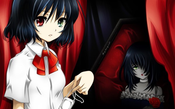 Anime picture 1920x1200 with another p.a. works misaki mei itou noiji looking at viewer fringe highres short hair black hair red eyes wide image multiple girls green eyes hair over one eye wallpaper lipstick heterochromia vector girl uniform