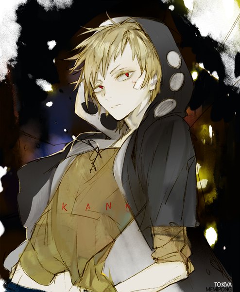 Anime picture 740x899 with kagerou project shaft (studio) kano shuuya memipong single tall image looking at viewer fringe short hair blonde hair red eyes signed character names dark background eyebrows hands on hips boy hood hoodie bandaid