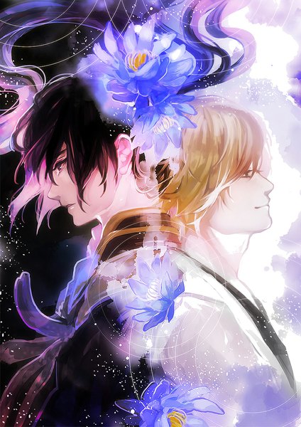 Anime picture 800x1132 with ihiro long hair tall image short hair blue eyes black hair blonde hair purple eyes ponytail profile multiple boys back to back boy flower (flowers) 2 boys