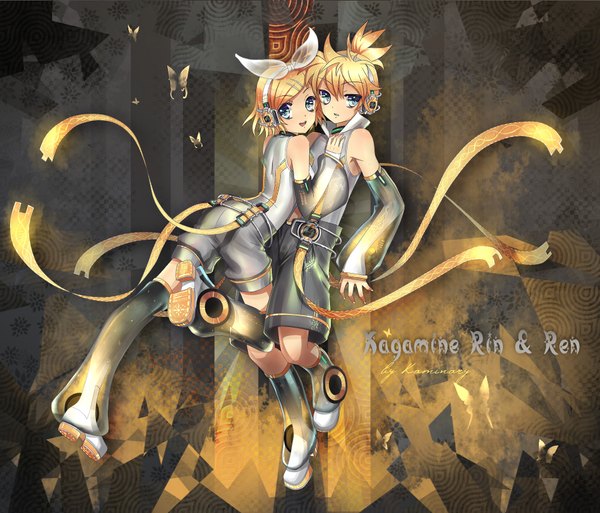 Anime picture 2000x1710 with vocaloid vocaloid append kagamine rin kagamine len kagamine rin (append) kagamine len (append) kaminary highres short hair open mouth blue eyes blonde hair smile bare shoulders signed inscription wallpaper twins girl boy