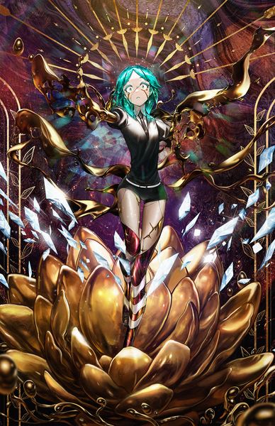 Anime picture 1359x2100 with houseki no kuni phosphophyllite daniel deng single tall image looking at viewer short hair full body aqua eyes aqua hair outstretched hand androgynous spoilers uniform shorts short shorts debris gold