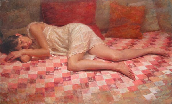 イラスト 2029x1232 と オリジナル 三澤 寛志 ソロ highres 短い髪 茶色の髪 wide image lying realistic legs sleeping 市松模様 traditional media 女の子 まくら ベッド chemise