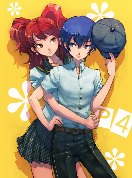 Anime picture 746x1000 with persona 4 persona kujikawa rise shirogane naoto boyaking(sbf) long hair tall image blush short hair blue eyes smile twintails multiple girls blue hair looking away red hair shadow orange eyes hug yellow background