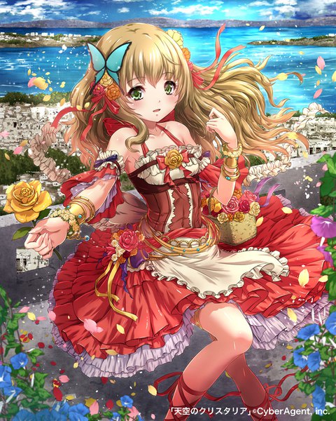 Anime picture 800x1000 with tenkuu no crystalia sakiyamama single long hair tall image looking at viewer blush fringe open mouth blonde hair hair between eyes standing bare shoulders holding green eyes sky cloud (clouds) outdoors hair flower wind