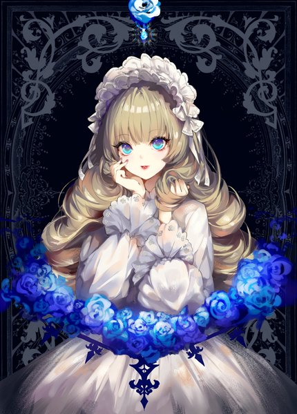 Anime picture 757x1057 with original kinokohime single long hair tall image looking at viewer blush fringe blue eyes simple background blonde hair standing payot upper body blunt bangs long sleeves nail polish parted lips fingernails lips