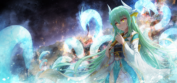 Anime picture 4553x2150 with fate (series) fate/grand order kiyohime (fate) bae.c single long hair highres wide image standing holding yellow eyes looking away absurdres traditional clothes parted lips japanese clothes horn (horns) green hair night wide sleeves