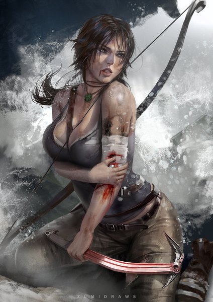 Anime picture 764x1080 with tomb raider lara croft zumi (zumidraws) single long hair tall image fringe breasts light erotic black hair holding signed looking away cleavage black eyes realistic kneeling low ponytail between breasts holding arm