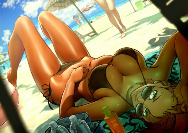 Anime picture 1131x800 with original twinpoo long hair looking at viewer breasts blue eyes light erotic brown hair bare shoulders cleavage outdoors lying barefoot bare legs shadow depth of field beach shiny skin walking summer