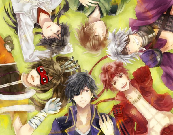 Anime picture 1024x800 with sengoku basara production i.g date masamune sanada yukimura motochika chousokabe motonari mouri maeda keiji azai nagamasa mamipo (pixiv) short hair open mouth black hair red eyes brown hair white hair ponytail red hair lying eyes closed open clothes