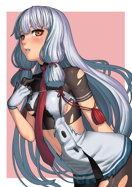 Anime picture 724x1023 with kantai collection murakumo destroyer lasterk single long hair tall image blush breasts light erotic simple background standing white background brown eyes looking away silver hair blunt bangs parted lips teeth from below leaning