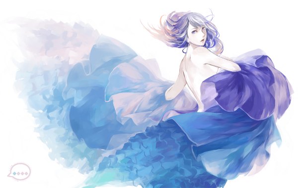 Anime picture 1200x760 with ox-miruku single long hair open mouth simple background white background purple eyes bare shoulders purple hair white hair looking back multicolored hair orange hair back girl