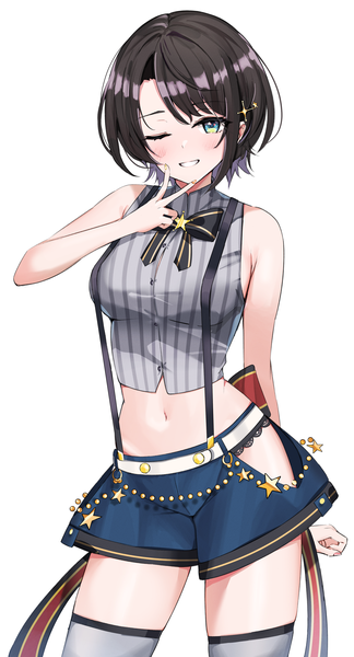 Anime picture 2213x4093 with virtual youtuber hololive oozora subaru oozora subaru (2nd costume) v a i r single tall image looking at viewer blush highres short hair black hair simple background smile standing white background one eye closed aqua eyes wink midriff