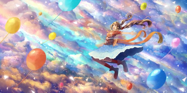 Anime picture 1560x780 with original bounin single long hair fringe open mouth wide image twintails sky cloud (clouds) happy spread arms glow girl bow socks boots knee socks balloon