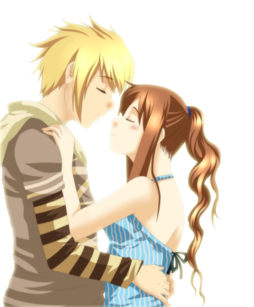 Anime picture 2800x3377 with original kleenesoph long hair tall image blush highres short hair blonde hair brown hair white background ponytail eyes closed profile hug face to face almost kiss girl boy