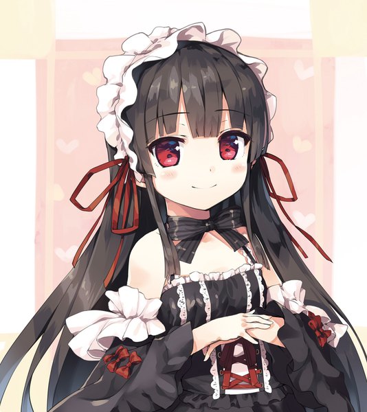 Anime picture 1500x1684 with maitetsu hachiroku (maitetsu) cura single long hair tall image looking at viewer blush fringe black hair simple background smile red eyes upper body loli lolita fashion hands clasped girl dress detached sleeves