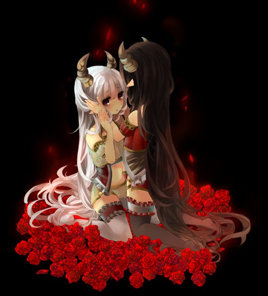 Anime picture 1000x1105 with original sikinoyukinnko long hair tall image blush fringe black hair simple background standing sitting bare shoulders multiple girls holding bent knee (knees) white hair horn (horns) pointy ears no shoes puffy sleeves kneeling