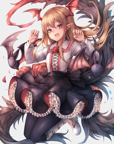 Anime picture 5131x6476 with granblue fantasy vampy snm (sunimi) single long hair tall image looking at viewer blush fringe highres open mouth simple background blonde hair smile hair between eyes red eyes payot absurdres full body bent knee (knees)