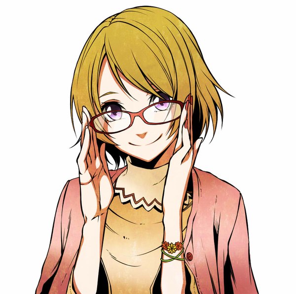 Anime picture 932x928 with love live! school idol project sunrise (studio) love live! koizumi hanayo vice (kuronekohadokoheiku) single looking at viewer short hair blonde hair simple background white background purple eyes close-up casual adjusting glasses girl flower (flowers) glasses bracelet