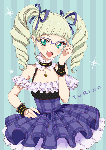 Anime picture 868x1228 with aikatsu! toudou yurika morikura en single long hair tall image looking at viewer blush fringe open mouth blonde hair twintails bare shoulders green eyes teeth fang (fangs) character names hand on hip drill hair striped