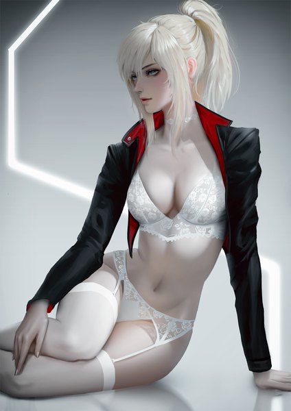 Anime picture 2828x4000 with original tess turner raikoart single long hair tall image looking at viewer fringe highres breasts light erotic simple background blonde hair hair between eyes large breasts sitting payot cleavage bent knee (knees) ponytail