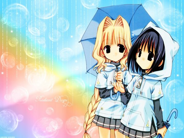 Anime picture 1024x768 with nanase aoi closed umbrella shared umbrella girl umbrella report of nature spirits milly oreano yakumo yumemi nyas suhichimi ugaia