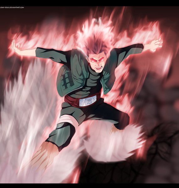 Anime picture 2000x2100 with naruto studio pierrot naruto (series) might guy gray-dous single tall image highres short hair open mouth black hair pink eyes coloring magic glowing spread arms angry dust boy vest