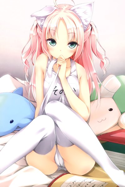 Anime picture 2700x4037 with original luna lia long hair tall image looking at viewer blush highres blue eyes light erotic animal ears pink hair animal tail girl thighhighs white thighhighs toy stuffed animal white school swimsuit