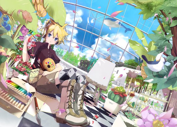 Anime picture 1800x1294 with vocaloid kagamine len highres blue eyes blonde hair cloud (clouds) checkered floor boy plant (plants) animal petals tree (trees) boots headphones bird (birds) fruit pencil paint whale banana