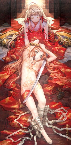 Anime picture 494x1000 with original masakichi long hair tall image fringe breasts light erotic blonde hair brown hair sitting multiple girls brown eyes yellow eyes traditional clothes japanese clothes barefoot tattoo flat chest girl flower (flowers)