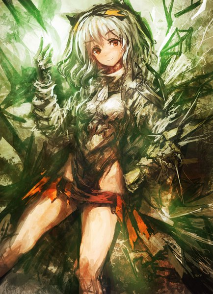 Anime picture 1000x1380 with original lm7 (op-center) single tall image looking at viewer short hair light erotic smile red eyes silver hair girl gloves