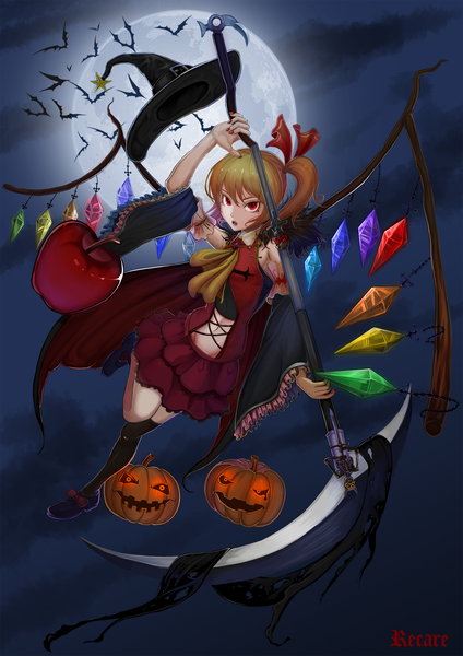 Anime picture 1240x1754 with touhou flandre scarlet recare single long hair tall image looking at viewer open mouth blonde hair red eyes signed nail polish wide sleeves one side up halloween midair girl thighhighs skirt weapon