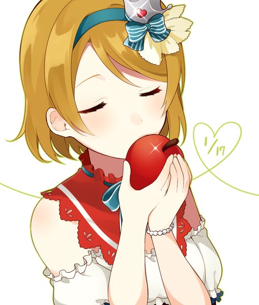Anime picture 994x1170 with love live! school idol project sunrise (studio) love live! koizumi hanayo chisumi single tall image blush short hair simple background blonde hair white background eyes closed from above girl detached sleeves bracelet fruit crown apple