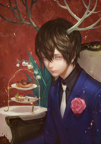 Anime picture 636x900 with original axis (artist) single tall image fringe short hair looking away indoors horn (horns) aqua eyes boy flower (flowers) plant (plants) shirt necktie sweets rose (roses) suit cake black shirt