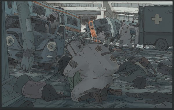 Anime picture 1419x899 with original q; (artist) multiple girls ruins death girl boy building (buildings) ground vehicle child (children) car bus van