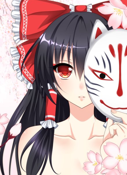 Anime picture 1094x1500 with touhou hakurei reimu hasu (velicia) single long hair tall image looking at viewer black hair red eyes girl flower (flowers) bow hair bow mask